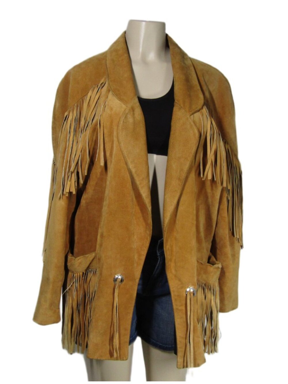 VTG Pig SUEDE Leather FRINGE 80s Caramel Brown Western Cowgirl Rodeo Jacket L